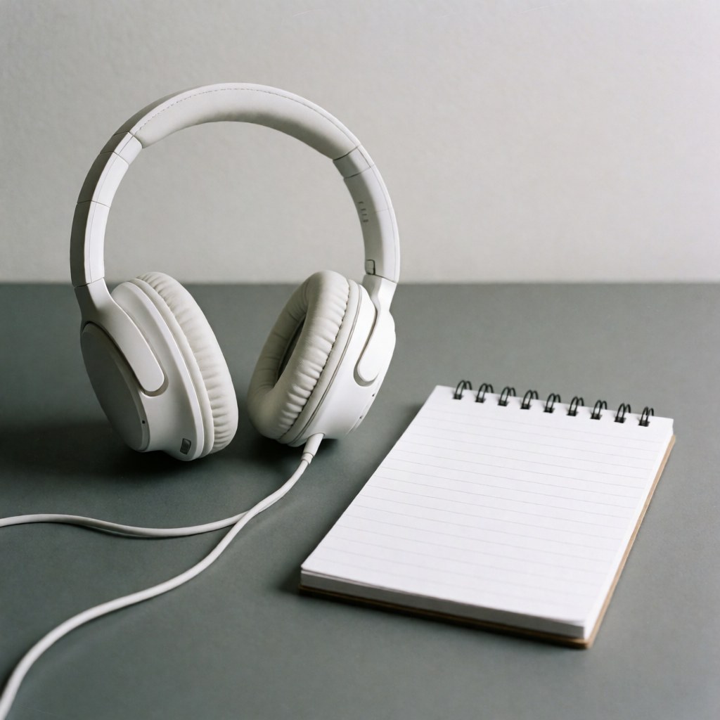 Casque blanc avec fil et cahier à spirale posés sur un bureau gris, idéal pour le service client ou le travail à distance.