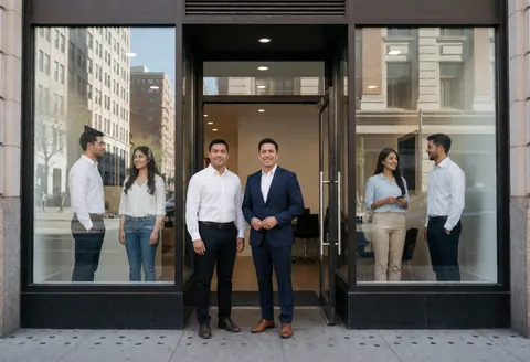 Vue de l'entrée d'un bureau de conseil financier avec des professionnels souriants et des reflets urbains sur les vitres.