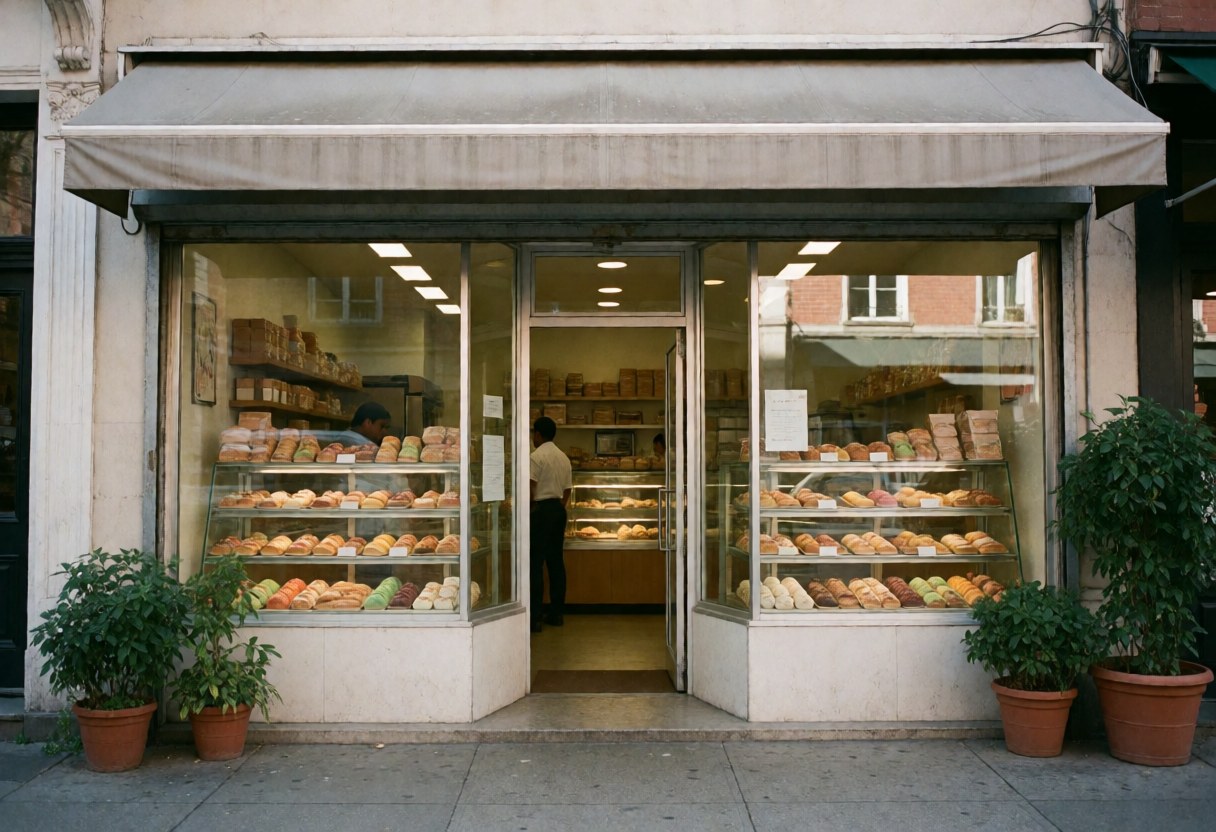 Vue de la façade d'une boulangerie montrant des pâtisseries en vitrine, des plantes en pot et une entrée avec porte ouverte.
