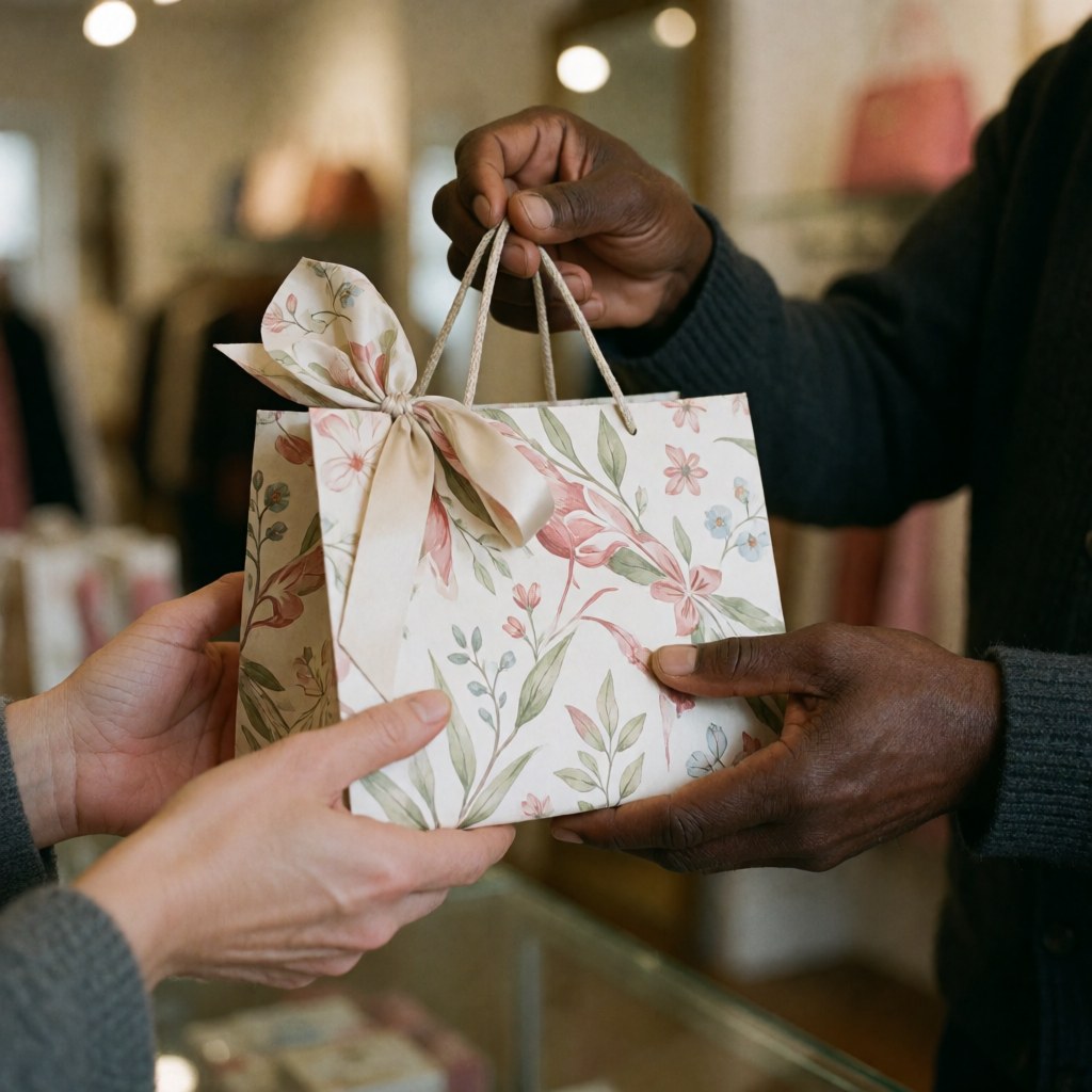 Un vendeur remet à un client un sac cadeau orné d'un ruban floral dans une boutique de vêtements.