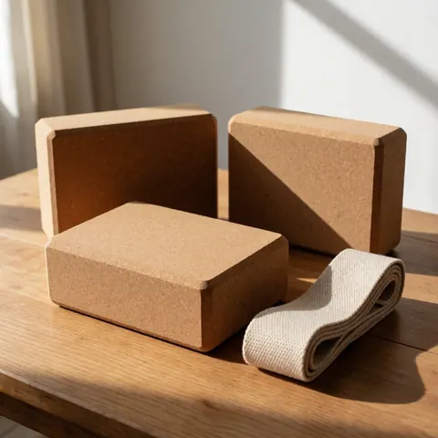 Trois blocs de yoga en liège et une corde de yoga enroulée posés sur une table en bois clair, évoquant calme et bien-être.