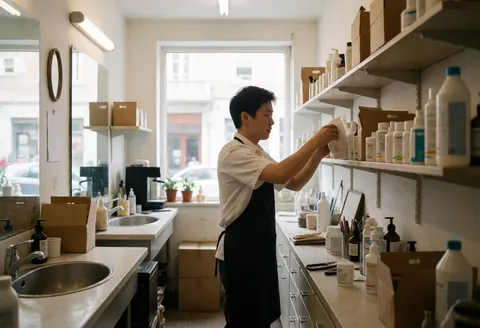 Un barbier range des articles sur les étagères d'un salon de coiffure, avec un éclairage naturel et du mobilier professionnel visible en arrière-plan.