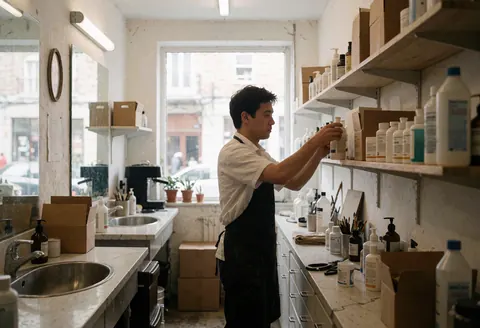 Un barbier range des articles sur les étagères d'un salon de coiffure, avec un éclairage naturel et du mobilier professionnel visible en arrière-plan.