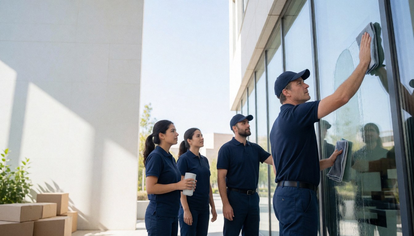 Quatre agents en uniforme bleu nettoient les vitres d'un bâtiment corporatif sous un soleil éclatant.