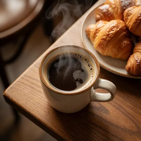 Une tasse de café fumant posée à côté de croissants dorés sur une assiette, le tout disposé sur une table en bois dans un cadre chaleureux.