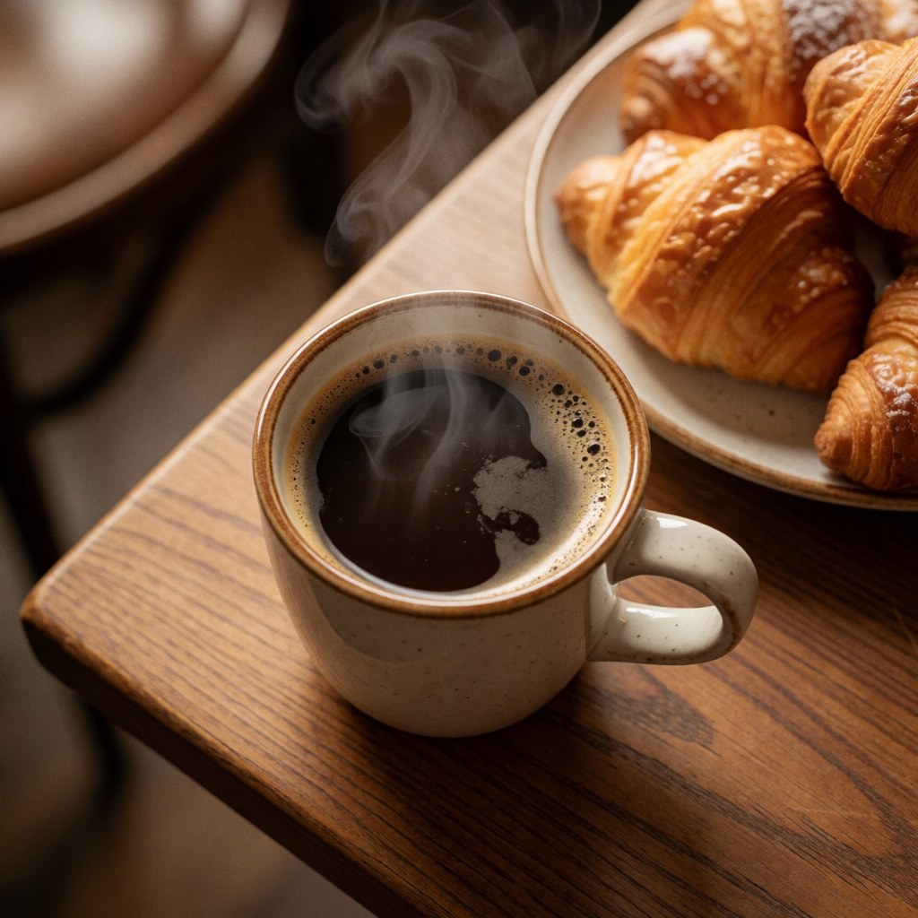 Une tasse de café fumant posée à côté de croissants dorés sur une assiette, le tout disposé sur une table en bois dans un cadre chaleureux.