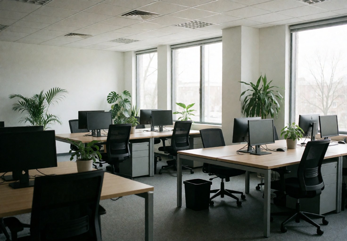 Espace de travail contemporain et inoccupé, équipé de bureaux, de chaises, d'ordinateurs et de plantes vertes. Ambiance professionnelle et épurée.
