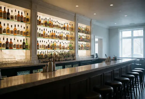 Bar à cocktails vide avec bouteilles de spiritueux sur des étagères lumineuses, tabourets de bar et lumière naturelle par la fenêtre, ambiance propre et professionnelle.