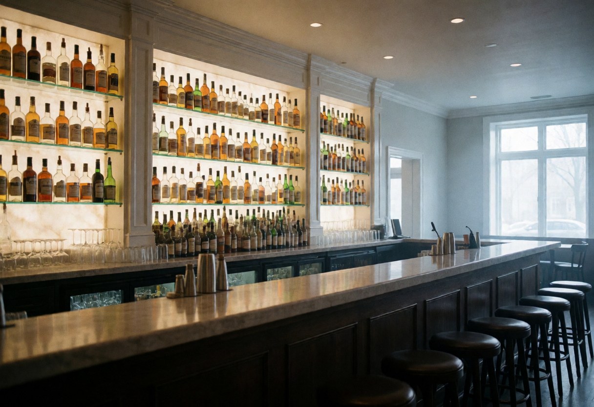 Bar à cocktails vide avec bouteilles de spiritueux sur des étagères lumineuses, tabourets de bar et lumière naturelle par la fenêtre, ambiance propre et professionnelle.