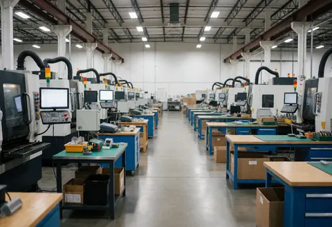Vue intérieure d'une usine industrielle vide avec des machines de production et des tables de travail rangées, éclairage industriel et sol poli, idéale pour illustrer la capacité de production.