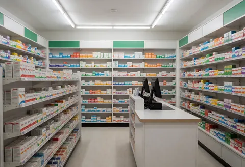 Vue intérieure d'une pharmacie moderne et propre avec des étagères remplies de médicaments, un comptoir de service et une caisse enregistreuse sur fond blanc.