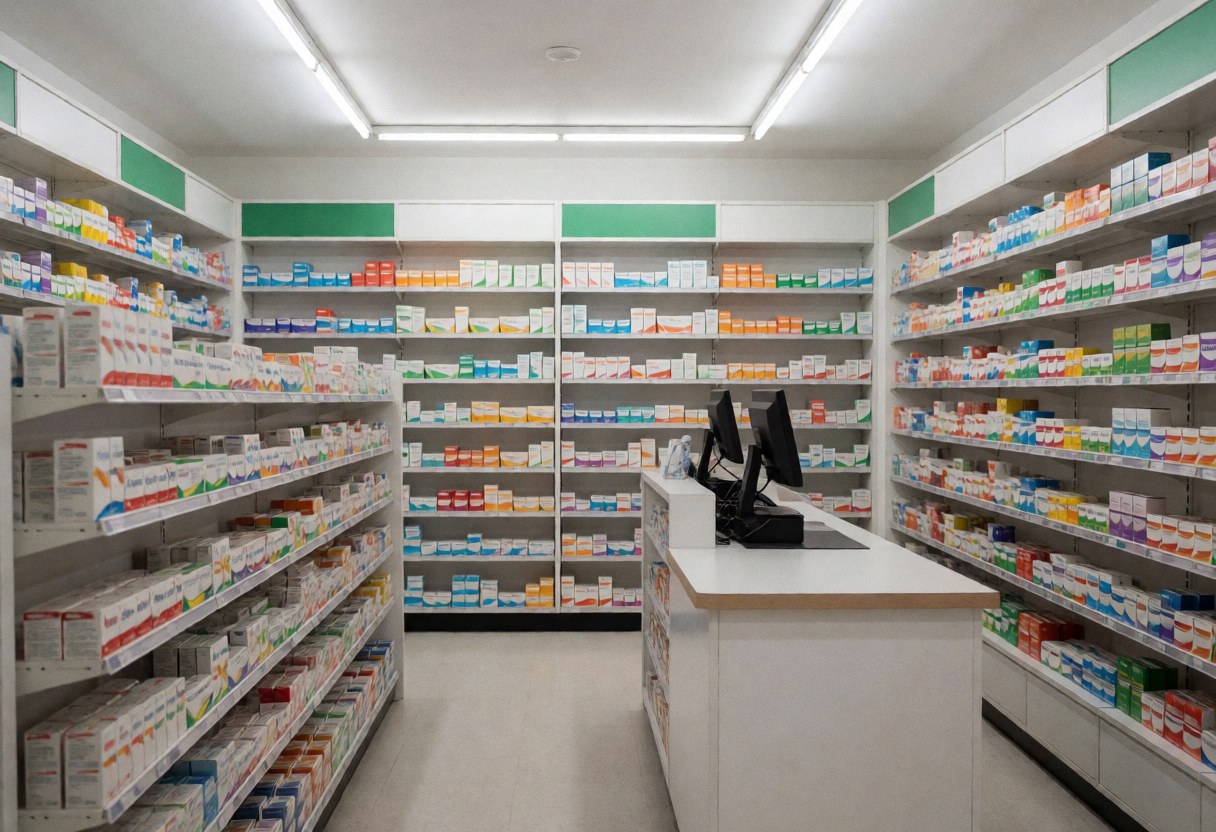 Vue intérieure d'une pharmacie moderne et propre avec des étagères remplies de médicaments, un comptoir de service et une caisse enregistreuse sur fond blanc.