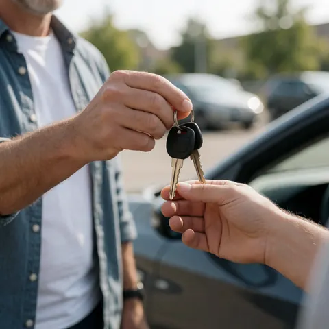 Un homme remet les clés d'une voiture à un client devant un véhicule stationné.