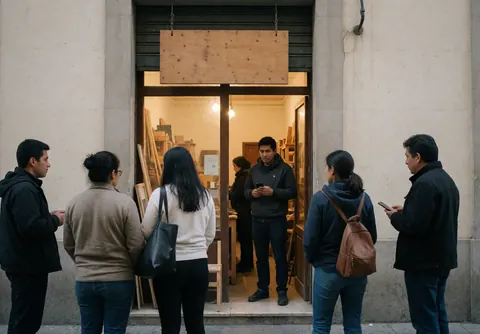Groupe de personnes devant un atelier d'art aux portes ouvertes, éclairage chaleureux et ambiance conviviale dans la rue.