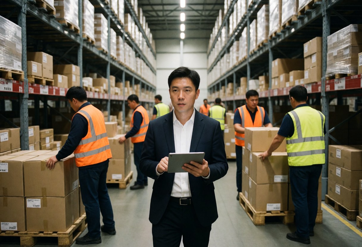 Un responsable de la logistique se déplace dans un entrepôt où des employés déplacent des palettes parmi des rayonnages remplis de colis.
