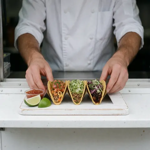 Trois tacos colorés accompagnés d'une garniture, de citron vert et de salsa, présentés par un chef devant un fond flou.