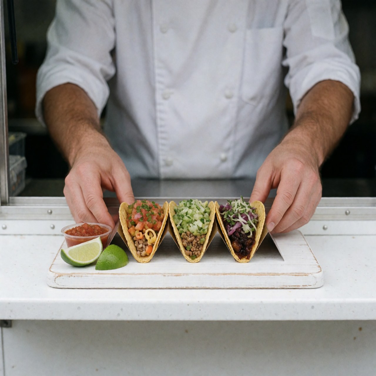 Trois tacos colorés accompagnés d'une garniture, de citron vert et de salsa, présentés par un chef devant un fond flou.