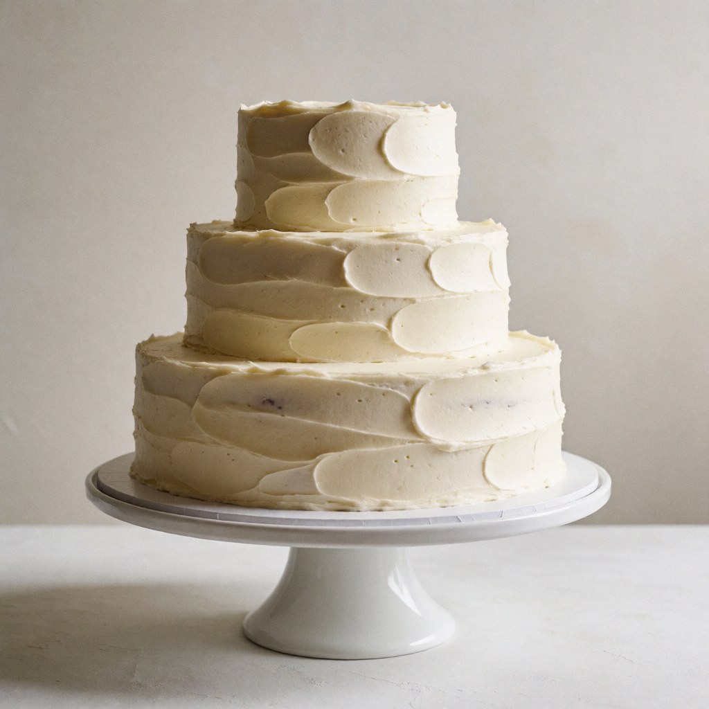 Gâteau de mariage blanc à trois étages avec texture crémeuse posé sur un piédestal blanc au centre d'une table.