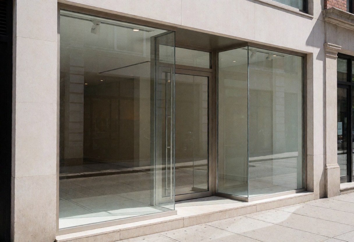 Façade d'un bâtiment contemporain avec de grandes baies vitrées et une porte d'entrée, sans personnes ni meubles visibles.