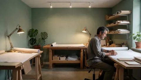 Un architecte barbu travaille sur des plans posés sur une table en bois dans son studio aux murs verts et aux plantes.