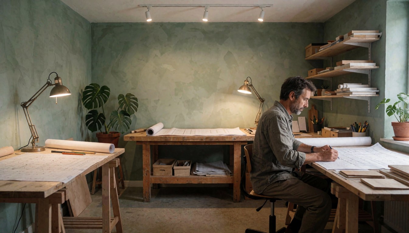 Un architecte barbu travaille sur des plans posés sur une table en bois dans son studio aux murs verts et aux plantes.