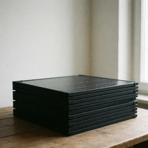 Empilement de panneaux photovoltaïques pliables posés sur une table en bois rustique dans une pièce éclairée par la lumière naturelle.