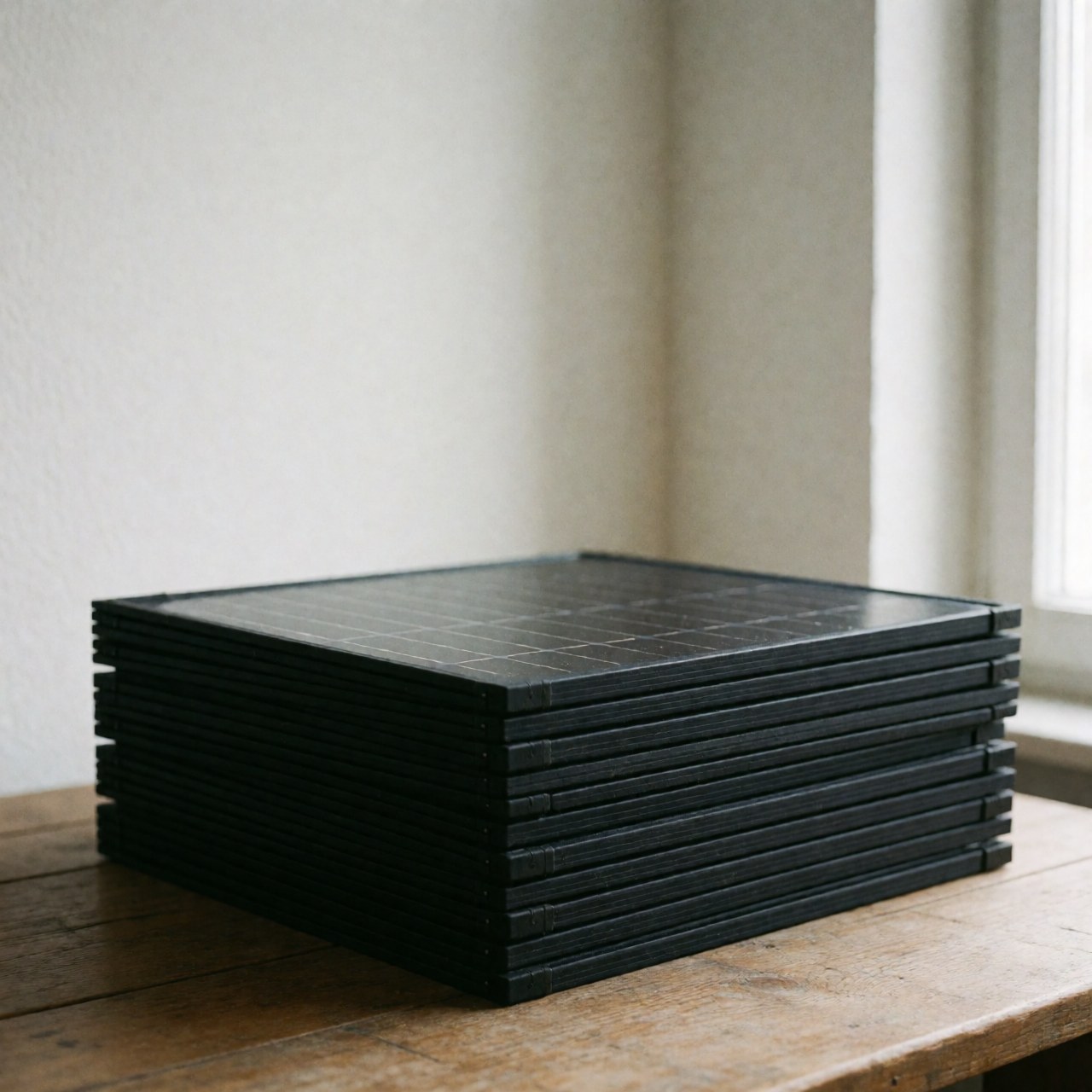 Empilement de panneaux photovoltaïques pliables posés sur une table en bois rustique dans une pièce éclairée par la lumière naturelle.
