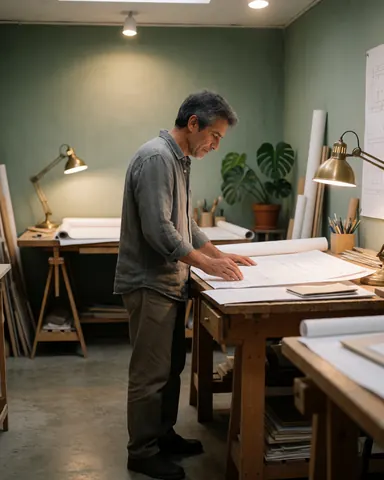 Un architecte mature vérifie des plans d'architecture sur une table en bois dans un atelier éclairé par des lampes et décoré de plantes.