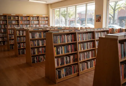 Vue intérieure d'une librairie montrant des étagères en bois chargées de livres sur un sol en parquet.