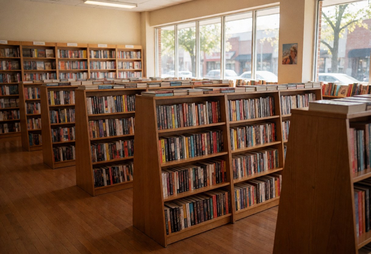 Vue intérieure d'une librairie montrant des étagères en bois chargées de livres sur un sol en parquet.