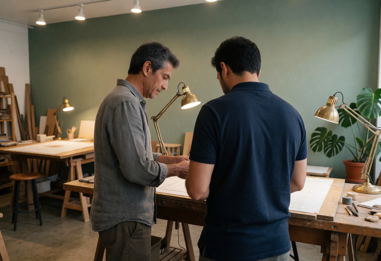Deux architectes consultent des plans d'architecture sur une table en bois dans un atelier équipé de lampes de bureau.