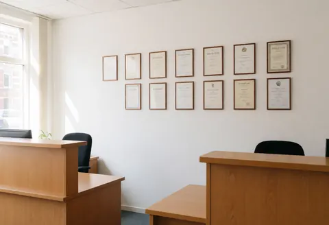 Espace d'accueil professionnel comprenant des tables en bois, des chaises noires et des cadres de certificats accrochés sur un mur blanc.