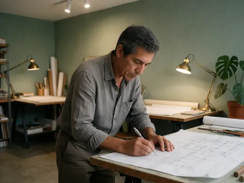 Un architecte âgé dessine des plans avec un crayon sur une table en bois dans un bureau aux murs verts.