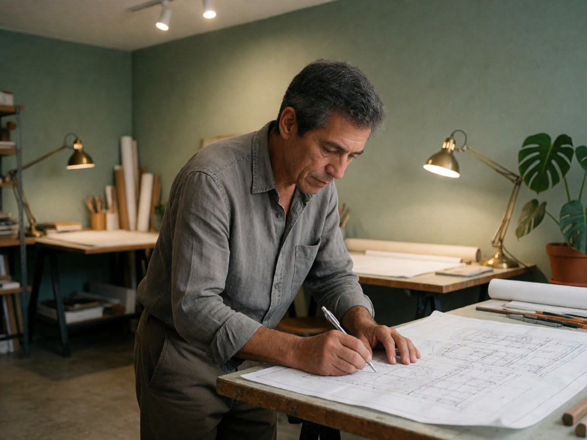 Un architecte âgé dessine des plans avec un crayon sur une table en bois dans un bureau aux murs verts.