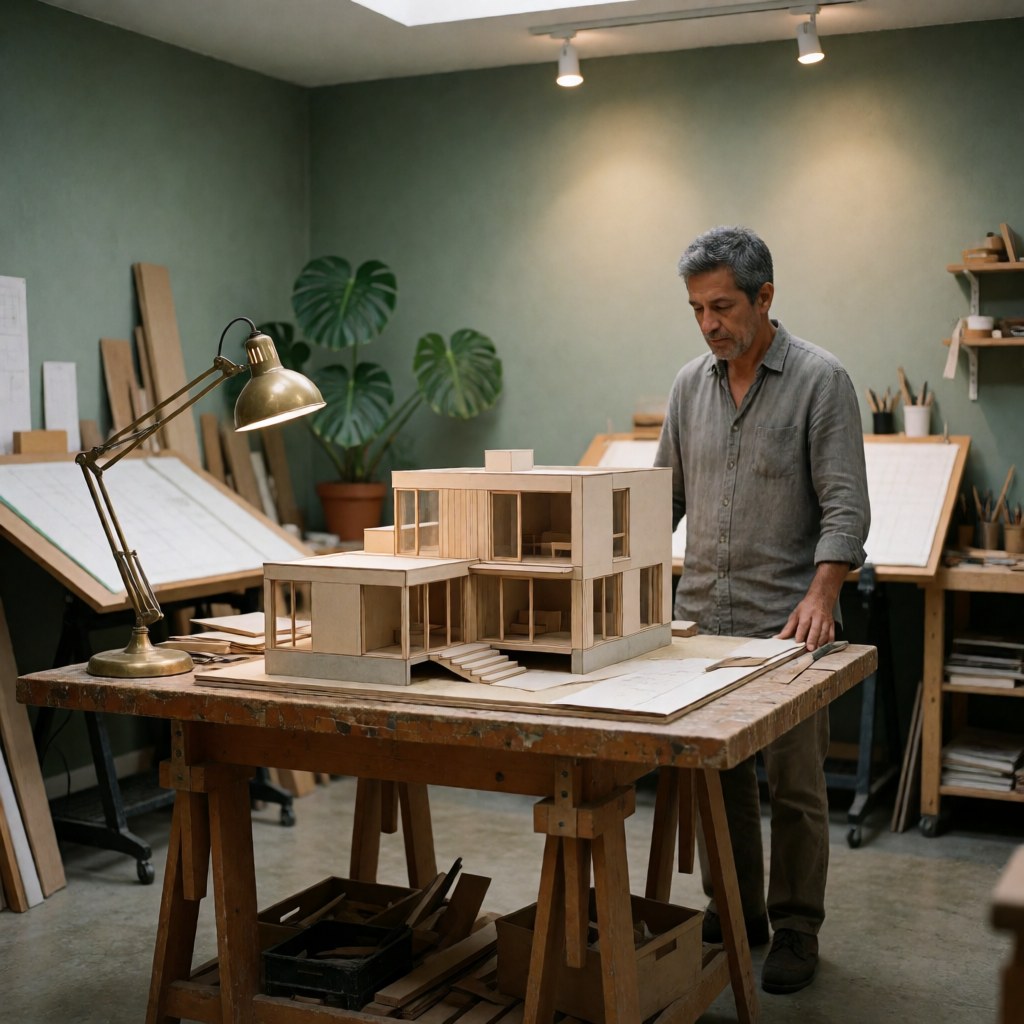 Maquette architecturale d'une maison moderne posée sur un banc en bois dans un atelier avec des plantes et des outils.