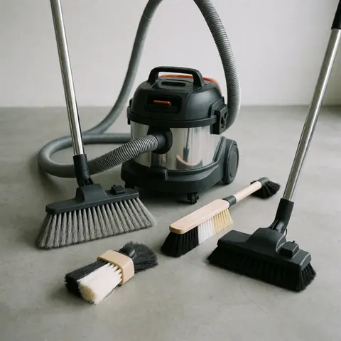Outils de nettoyage professionnels disposés sur un sol gris, incluant balais et aspirateur pour services industriels ou commerciaux.