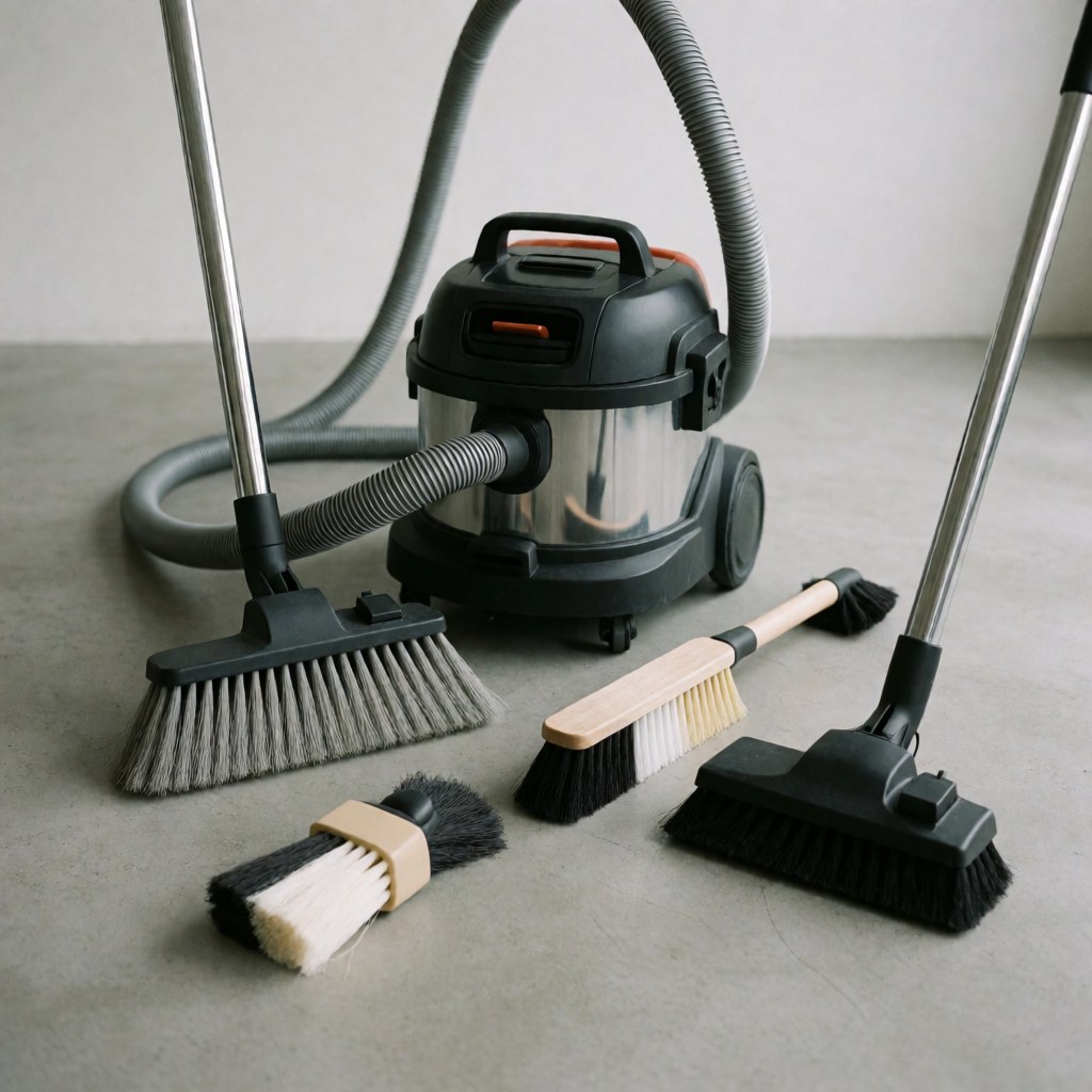 Outils de nettoyage professionnels disposés sur un sol gris, incluant balais et aspirateur pour services industriels ou commerciaux.