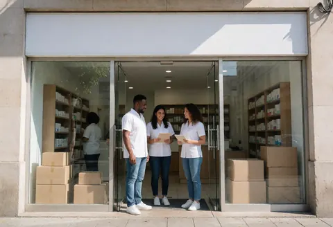 Trois personnes à l'entrée d'une clinique, deux tenant des documents, ambiance professionnelle et accueillante, vitrines de produits visibles.