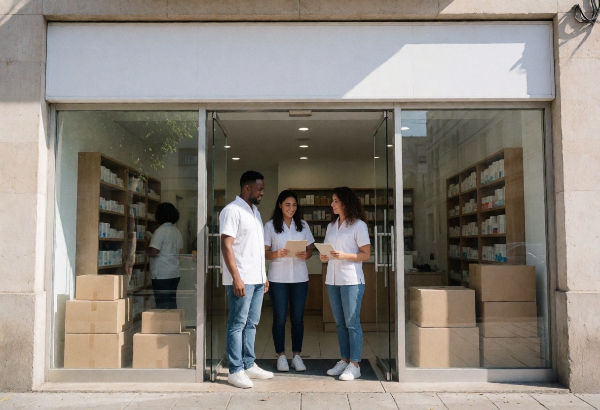 Trois personnes à l'entrée d'une clinique, deux tenant des documents, ambiance professionnelle et accueillante, vitrines de produits visibles.