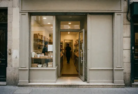 Façade du magasin montrant une porte ouverte, un intérieur accueillant et des produits exposés dans une vitrine.