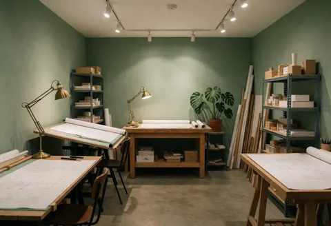 Intérieur d'un studio d'architecture présentant des tables à dessin, des plantes vertes et des outils de design sur un sol en béton avec des murs verts et des lampes en bronze.