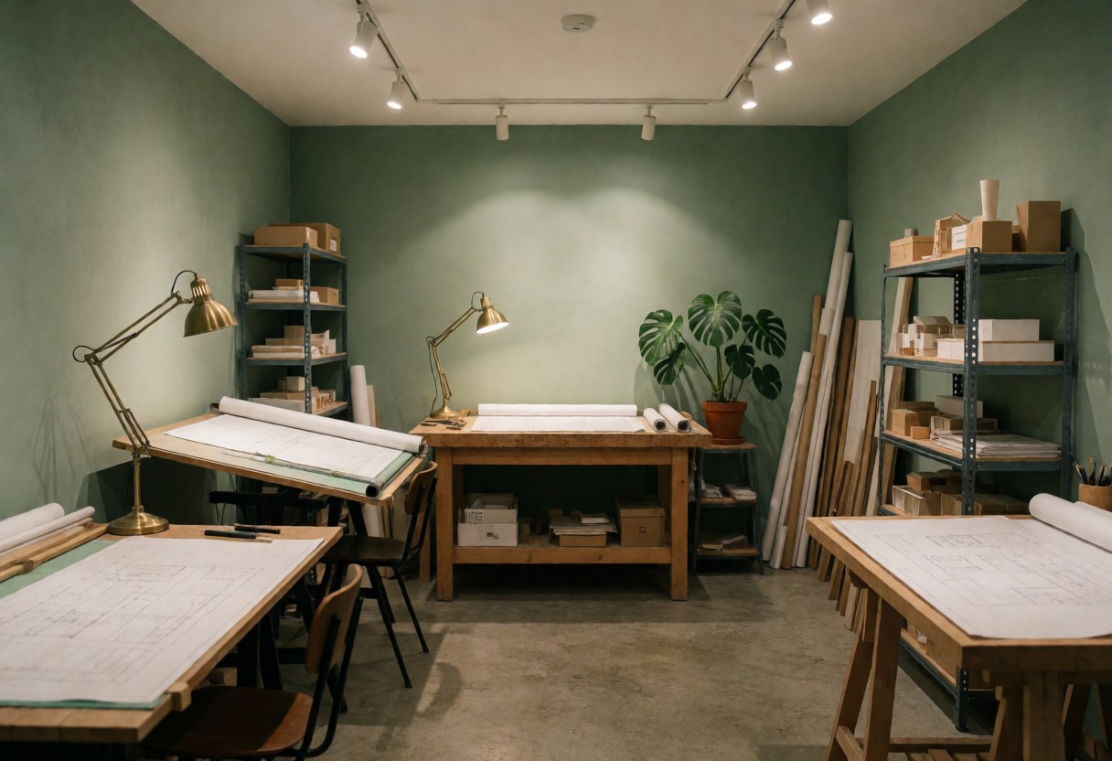 Intérieur d'un studio d'architecture présentant des tables à dessin, des plantes vertes et des outils de design sur un sol en béton avec des murs verts et des lampes en bronze.