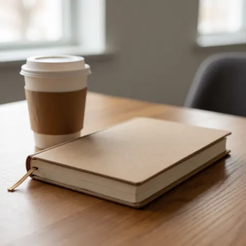 Un cahier et une tasse de café posés sur une table en bois clair dans un bureau ou un espace de travail.