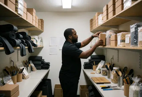 Un homme organise des cartons et des produits sur les étagères d'un entrepôt logistique.