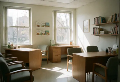 Salle de consultation équipée de tables en bois, de chaises et d'étagères remplies de livres, baignée par la lumière du soleil.
