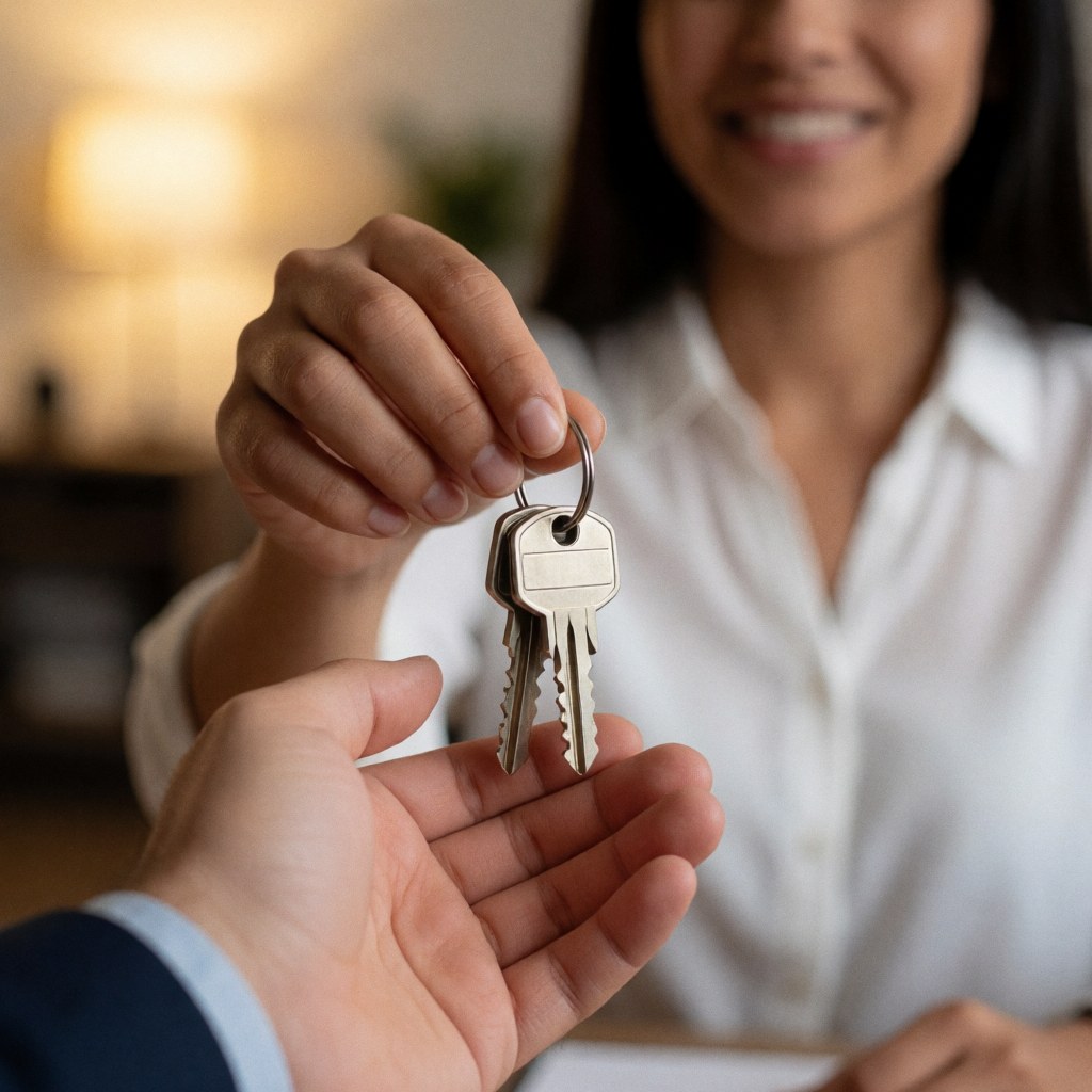 Une femme remet des clés de maison à un client dans un bureau éclairé par une lumière chaude, sur un fond flou symbolisant la confiance et le service.