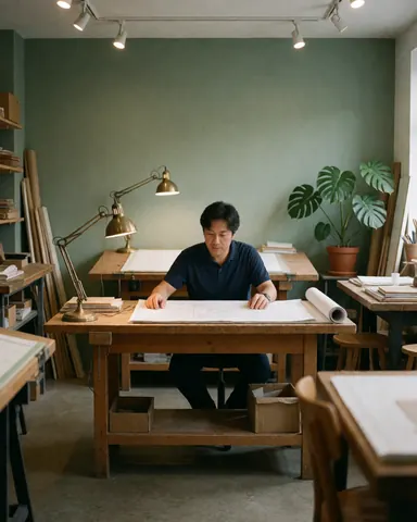 Un homme dans un atelier d'architecture consulte un plan posé sur une table en bois, avec une lampe de dessin et un monstera en arrière-plan.