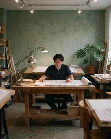 Un homme dans un atelier d'architecture consulte un plan posé sur une table en bois, avec une lampe de dessin et un monstera en arrière-plan.