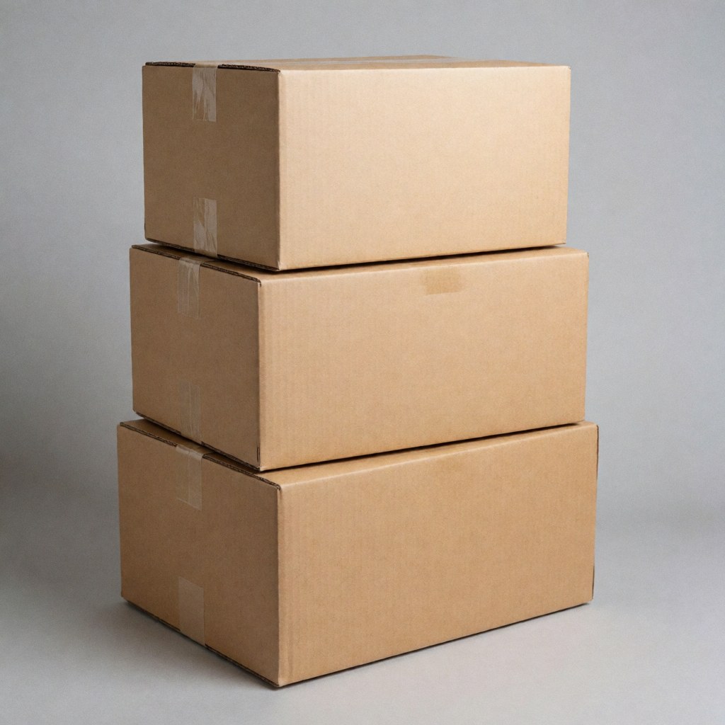 Trois cartons empilés et attachés avec du ruban adhésif sur un fond gris neutre, idéal pour la logistique et le transport.