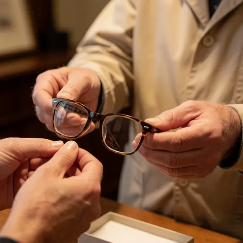 Une main tend un paire de lunettes neuves à un client dans une optique, illustrant la remise du produit fini.